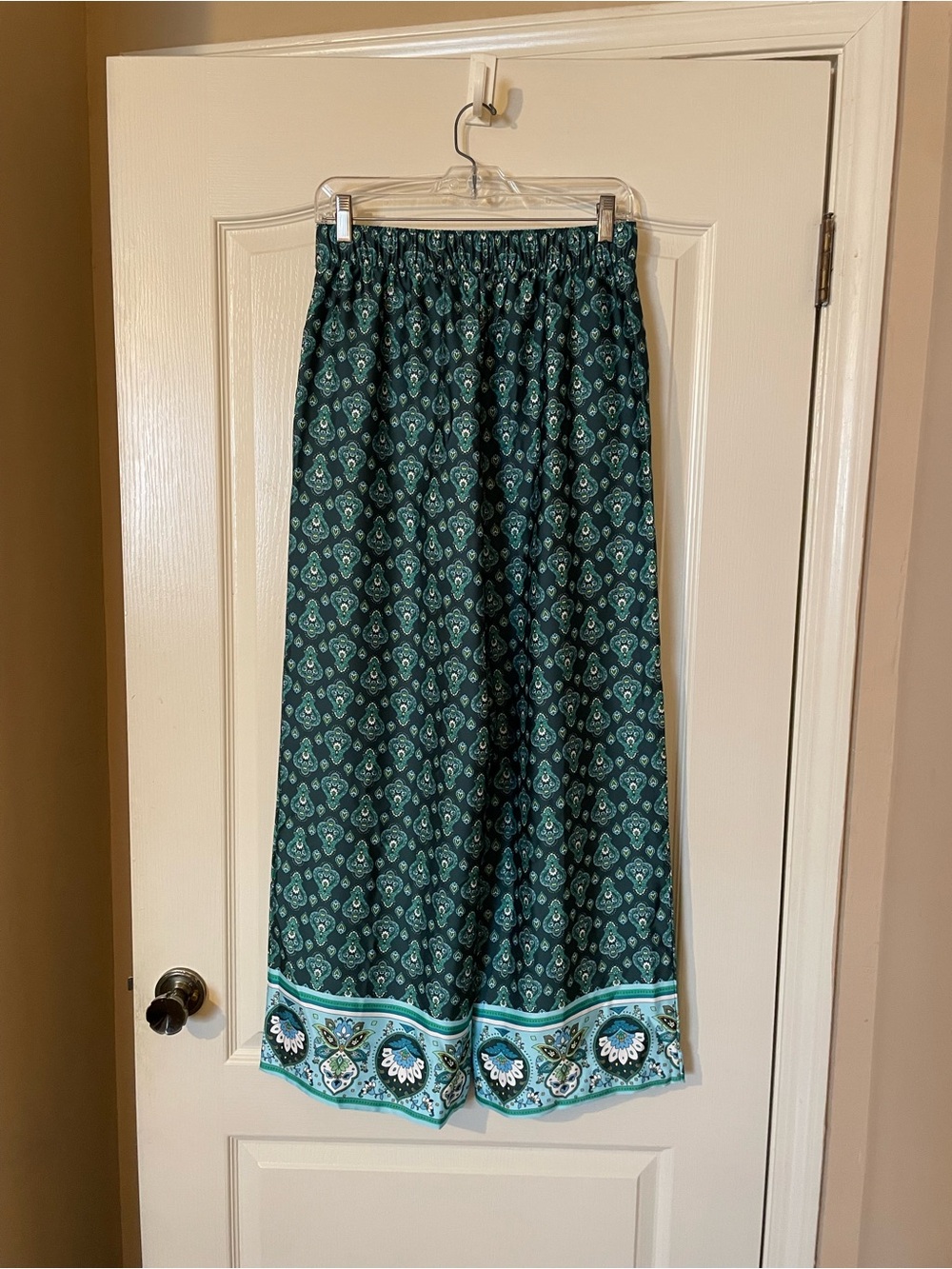 LOFT Paisley Wide Leg Pants XS Teal Green Border Print Colorful Resort Boho NWT - Picture 8 of 9